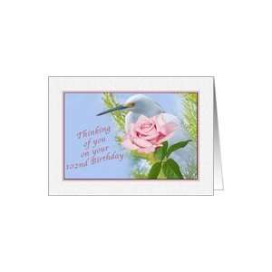  Birthday, 102nd, Snowy Egret and Pink Rose Card: Toys 
