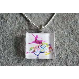Music & Dance Square Glass Tile Pendant Necklace Jewelry Wearable Art 