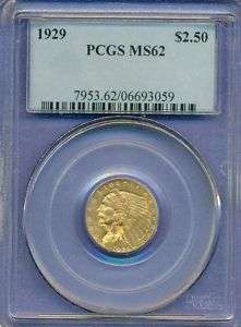 1929 $2 1/2 Gold Indian Quarter Eagle PCGS graded MS62  