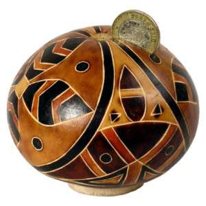 Hand Carved Piggy Bank Gourd Coin Box Peru Folk Art New  