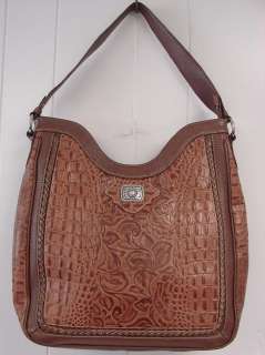 NEW ARIAT CROC & ROSE EMBOSSED LEATHER HOBO BAG LARGE TOTE BROWN 