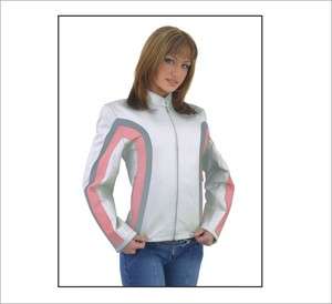   Racer Leather jacket Silver Pink Stripes Zip out Lining inside  