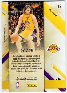 Pau Gasol 10 11 Panini Prestige * NBA Patch Prime 20/25  