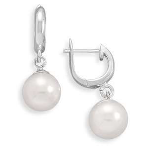 White Simulated Pearl Hinged Hoop Earrings Sterling Silver 