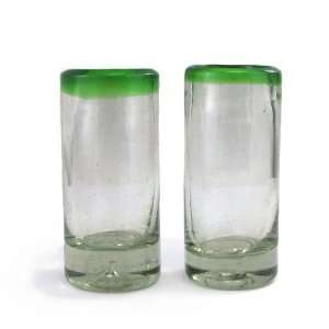 Hand Blown Tequila Shot Glass Pair   3 1/2, Green Rim   From Casa 