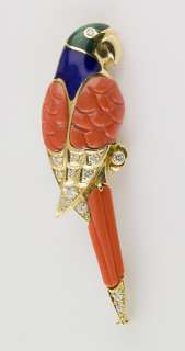 FABERGE Diamond Coral 18K Gold Limited Parrot Brooch  
