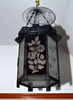 1840 Hanging Hall Lamp Ruby Opaque Cut to Clear Panels  