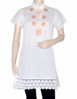   with Pin Tucks & Embroidery Work White Color Kurti Tunic Top Clothing