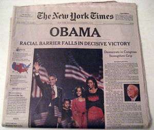 NEWSPAPER THE NEW YORK TIMES NOVEMBER 5 2008 OBAMA WINS  