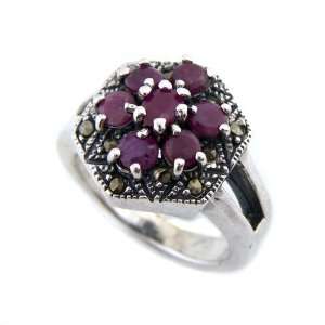  Genuine Red Ruby Marcasite 925 Silver Ring: Jewelry