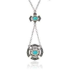   Silver Marcasite and Lab Created Turquoise Oval Drop Necklace: Jewelry