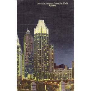  1950s Vintage Postcard Tribune Tower by Night   Chicago 