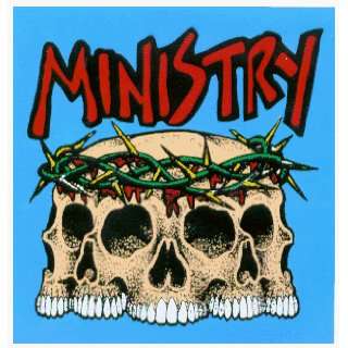 Ministry   Logo with Morphed Skulls with Barbed Wire Wreath on Blue 