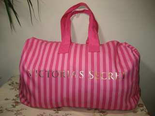 New Victorias Secret Pink Stripe Canvas Duffle Overnight Bag 22x20x9 