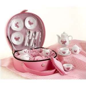   Butterfly Porcelain Toy Tea Set in Pink Carry Case: Toys & Games
