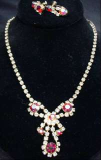 STUNNING Vintage Lavalier Rhinestone Necklace Earrings Red Aurora 
