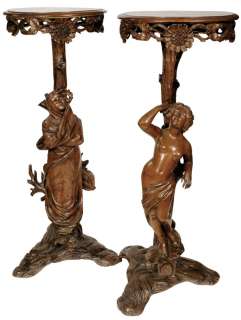 Pair Art Nouveau Figural Wooden Pedestals Stands  