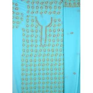 Capri Blue Chikan Salwar Kameez Fabric from Lucknow with 