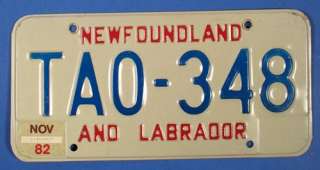 1982 NEWFOUNDLAND TRAILER LICENSE PLATE #TAO348  