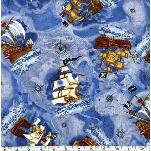  45 Wide Pirate Ships Blue Fabric By The Yard: Arts 