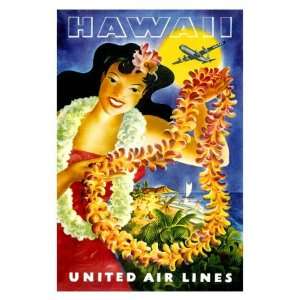  United Airlines, Hawaii Hula Girl Giclee Poster Print 