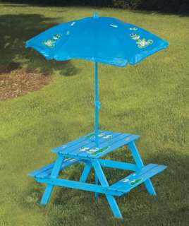 Kids * FROG * Blue Wood Picnic Table with Umbrella  