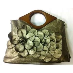  Designer Rare Handmade Raised Flower Purse Pewter Metallic 