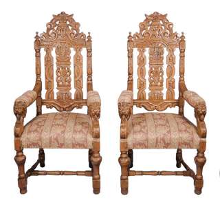 Pair of Antique Carved Oak Arm Chairs Lion Head Carving  