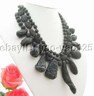 Amazing! 3Strds Black Jasper&Black Volcano lava Necklace