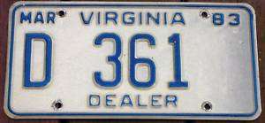VIRGINIA NEW CAR DEALER LICENSE PLATE MAR. 83  VA TAGS  
