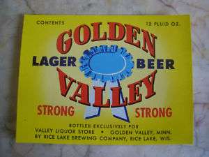 Vint. Golden Valley Beer Label Rice Lake, Wisconsin  