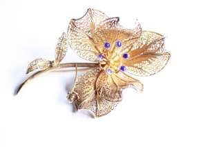 Antique filigree flower brooch, vermeil, gold on sterling silver 