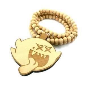   Wood New Mario Ghost Boo Pendant w/Ball Chain Necklace Natural WX67NL