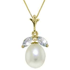    14k Solid Gold Necklace with Natural Aquamarines and Pearl Jewelry