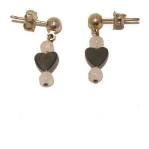 Hematite Earrings 09 Rose Quartz Pink Black Heart Dangle Crystal Post 