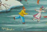 Agnes Neusch Folk art oil Painting 1978 ice skating  