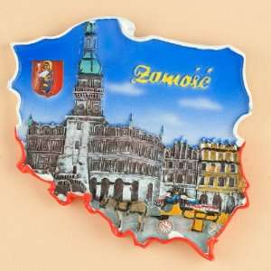  Poland Map Magnet   Zamosc, Town Hall Patio, Lawn 