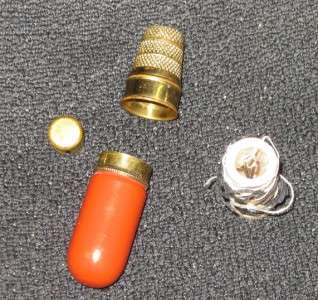 Antique Brass and Red Enamel Sewing Kit Thimble Needle Case Made in 