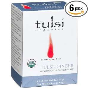 Tulsi Organics Tea, Tulsi & Ginger, 16 Count Tea Bags (Pack of 6 