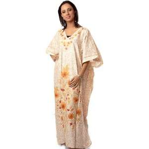  Cream Kashmiri Kaftan with All Over Crewel Embroidery 