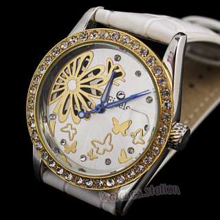 Women Lady Crystals Automatic White Genuine Leather Wrist Watch Gift 