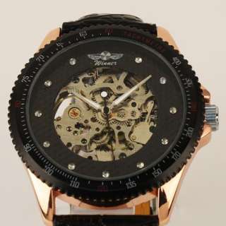 New Automatic Mechanical Skeleton Mens Watches Leather  