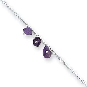   Sterling Silver 10inch Polished Amethyst Beaded Figaro Anklet: Jewelry