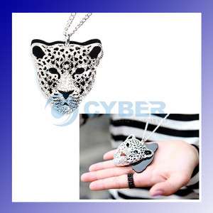 Rhinestone Leopard Tiger Head Chain Necklace Silver  
