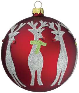 This set of 4 red ball ornaments feature silver glitter reindeer.