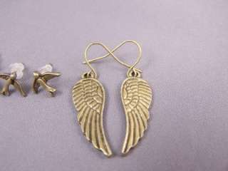 Antiqued gold Sparrow bird post angel wings faux pearl stud earrings 