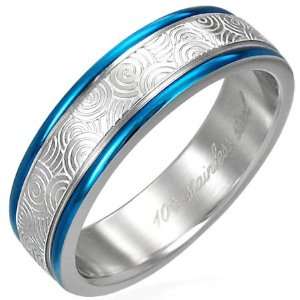    Two Tone Blue Band with Swirls Stainless Steel Ring 10: Jewelry