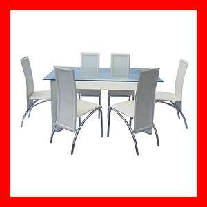 Contemporary Tempered Glass Dining Table White Vinyl Leather Chairs 