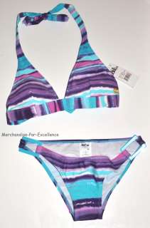 BILLABONG 2 Pc Womens Swimsuit Blue Purple Pink Stripe BIKINI New 