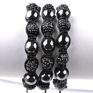 Black Crystal Resin Hematite Disco Ball Beads Macrame Baracelet Mens 